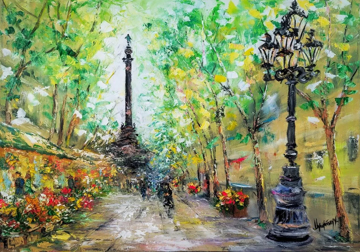La Rambla (Barcelona) — original impressionist oil painting by Volodymyr Myriyevskyy, 28'' x 20'' ( 70cm x 50cm )