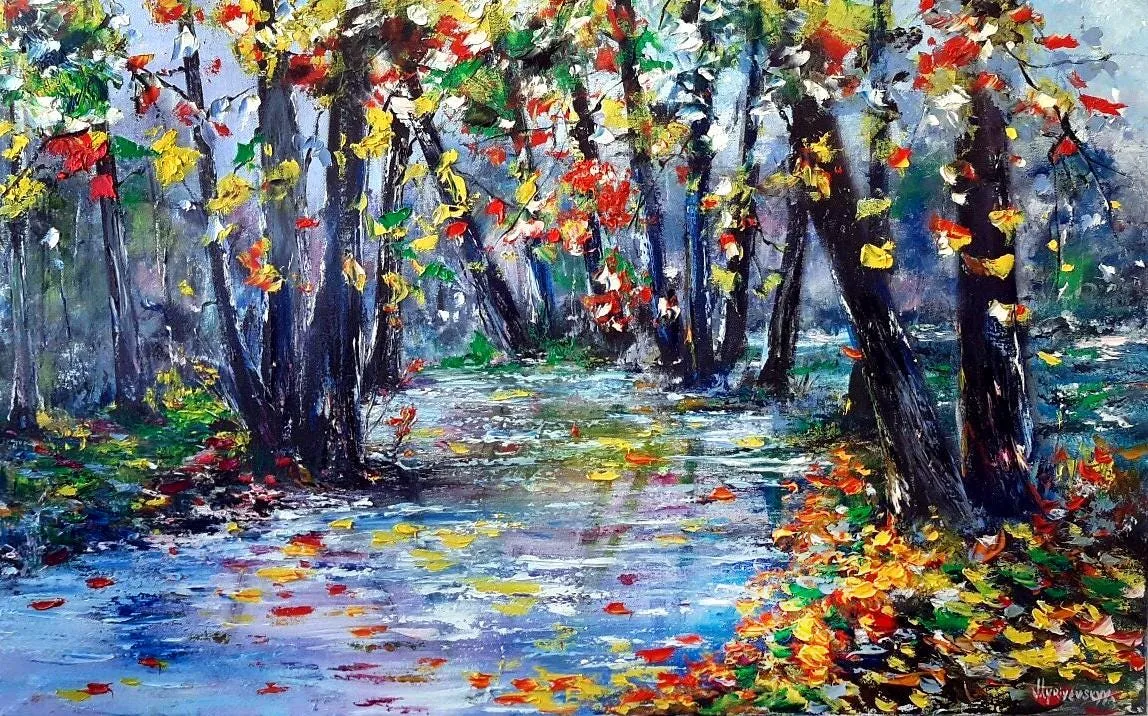 Autumn stroll — original impressionist oil painting by Volodymyr Myriyevskyy, 32'' x 20'' (50cm x 80cm)