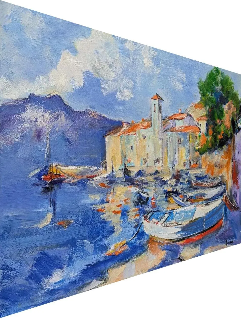 Mediterranean coastal village — original impressionist oil painting by Volodymyr Myriyevskyy, 28'' x 20'' (50cm x 70cm) — photo 3