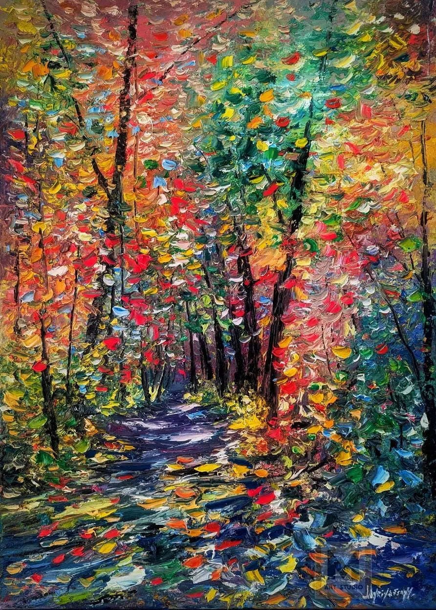 Forest Shadows — original impressionist oil painting by Volodymyr Myriyevskyy, 20'' x 28'' (50 cm x 70 cm)