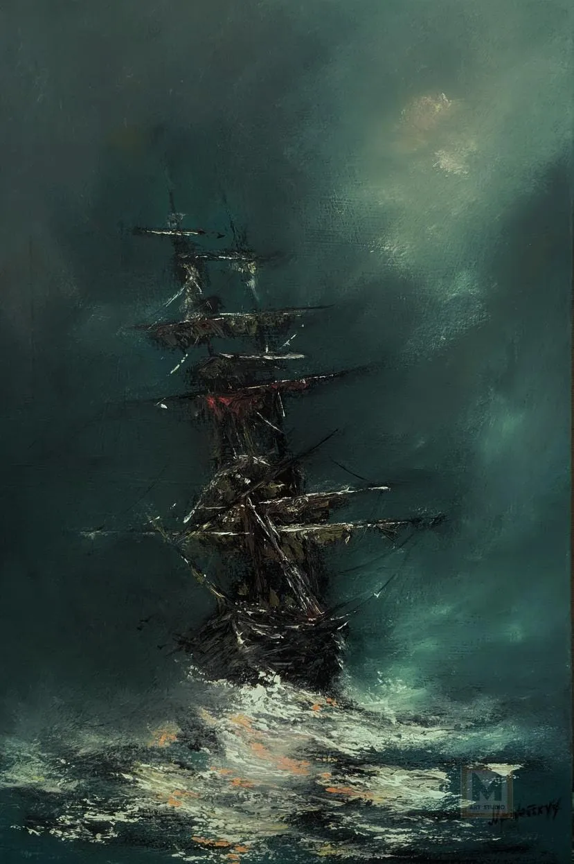 Night Passage (Chronicles of the Moonlit Seas) — original impressionist oil painting by Volodymyr Myriyevskyy, 16'' x 24'' (40 cm x 60 cm)
