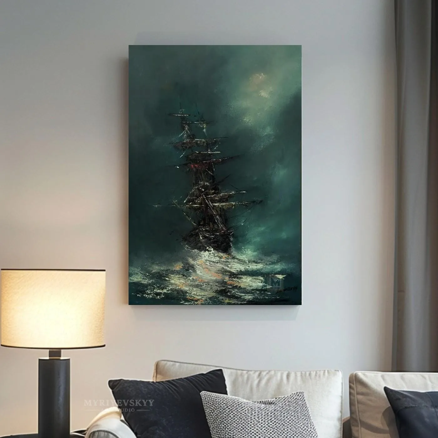 Night Passage (Chronicles of the Moonlit Seas) — original impressionist oil painting by Volodymyr Myriyevskyy, 16'' x 24'' (40 cm x 60 cm) — photo 5