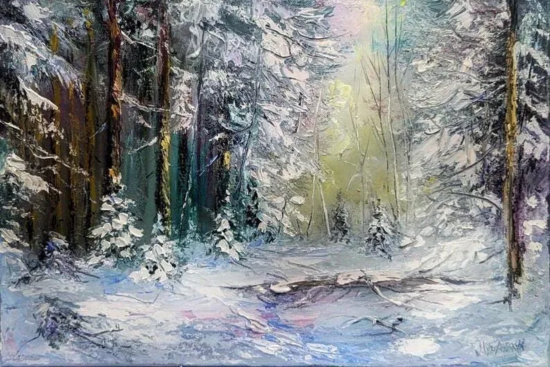 Winter forest — original impressionist oil painting by Volodymyr Myriyevskyy, 24" х16" (40cm x 60cm)