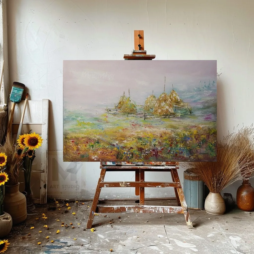 Meadow Landscape Oil Painting — original impressionist oil painting by Volodymyr Myriyevskyy, 16'' x 24'' (40cm x 60cm