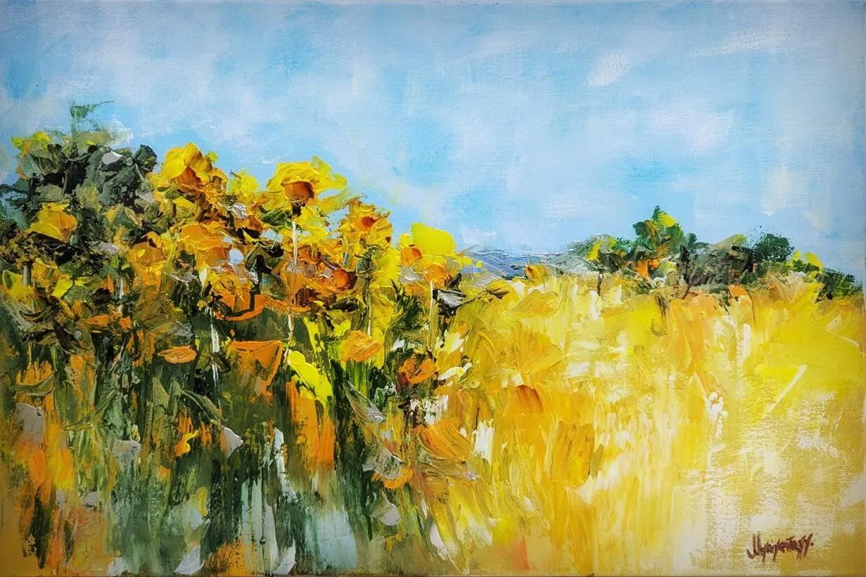 Golden Field — original impressionist oil painting by Volodymyr Myriyevskyy, 24'' x 16'' (60 cm x 40 cm)
