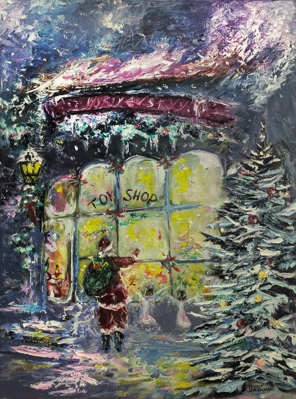 Christmas toy store & Santa Claus — original impressionist oil painting by Volodymyr Myriyevskyy, 24'' x 32'' (80cm x 60cm)