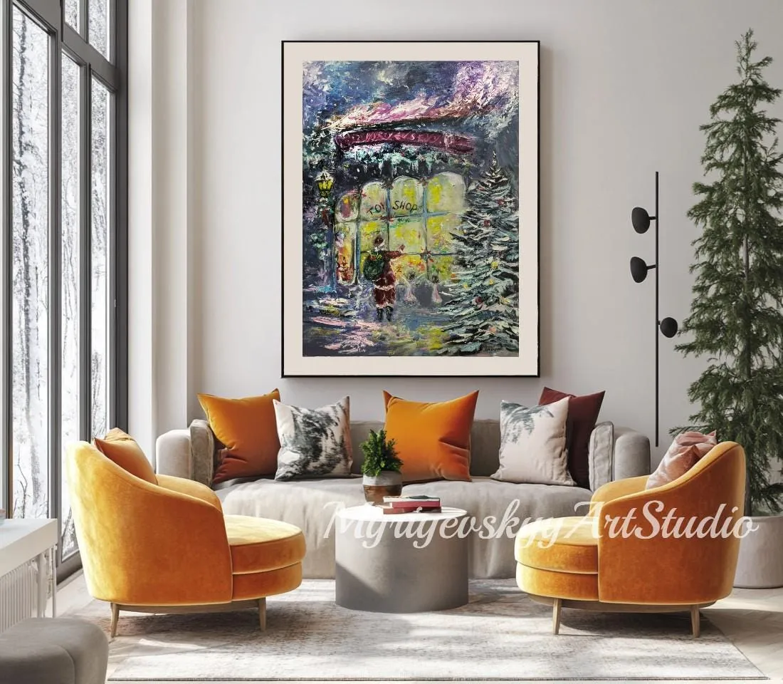 Christmas toy store & Santa Claus — original impressionist oil painting by Volodymyr Myriyevskyy, 24'' x 32'' (80cm x 60cm) — photo 4
