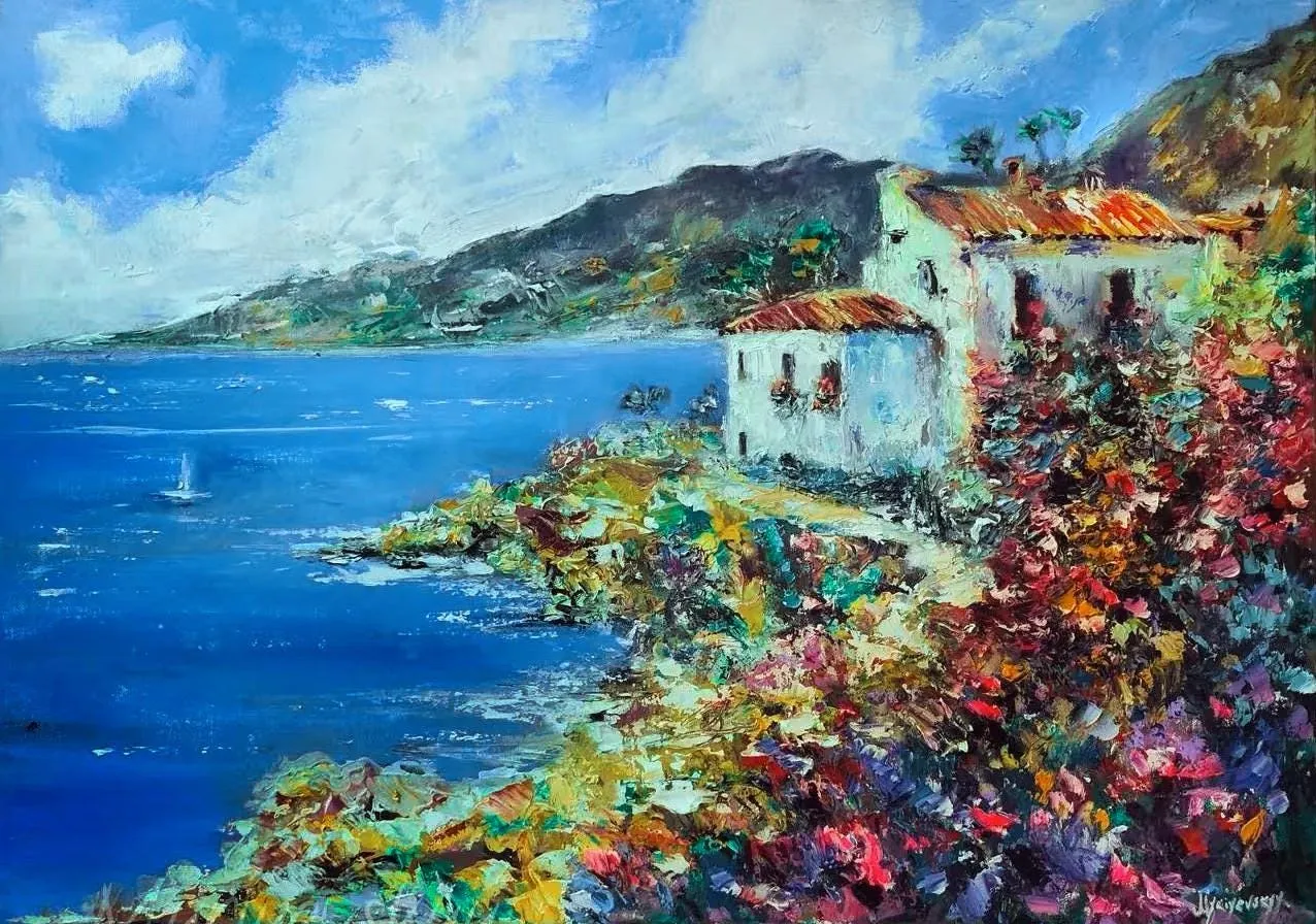 House By The Sea Among Flowers — original impressionist oil painting by Volodymyr Myriyevskyy, 28''x 20'' (70cm x 50cm)