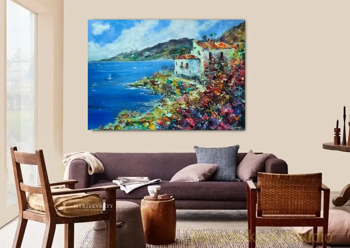 House By The Sea Among Flowers — original impressionist oil painting by Volodymyr Myriyevskyy, 28''x 20'' (70cm x 50cm) — photo 4