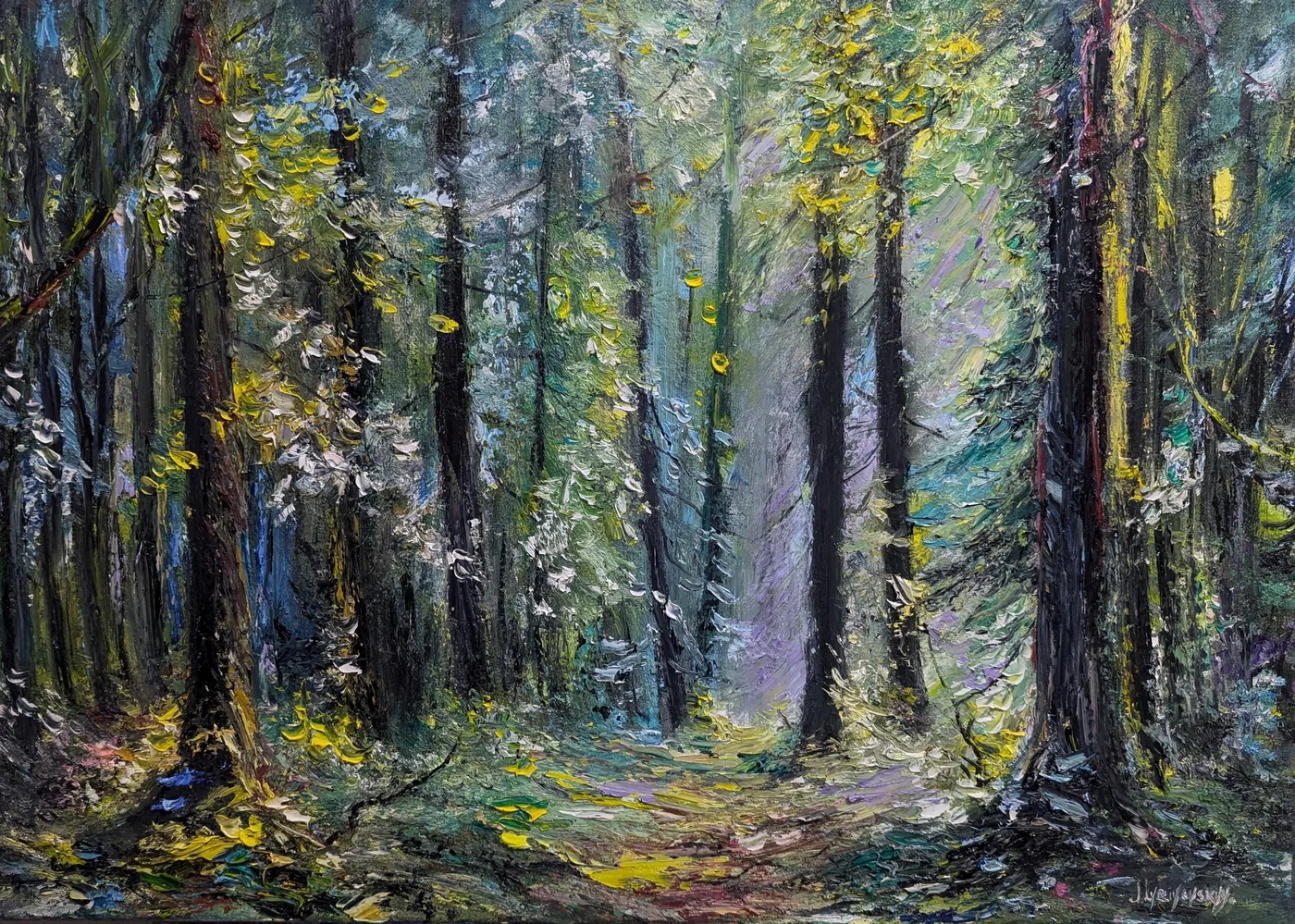 Deep forest — original impressionist oil painting by Volodymyr Myriyevskyy, 28''x20'' (70x50cm)