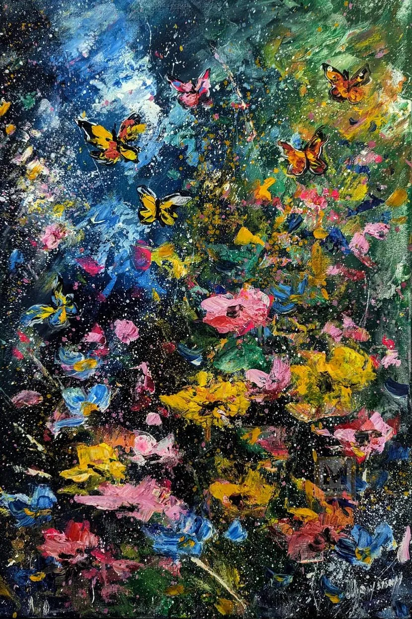 Butterflies — original impressionist oil painting by Volodymyr Myriyevskyy, 16'' x 24'' (40 x 60 cm), vertical orientation