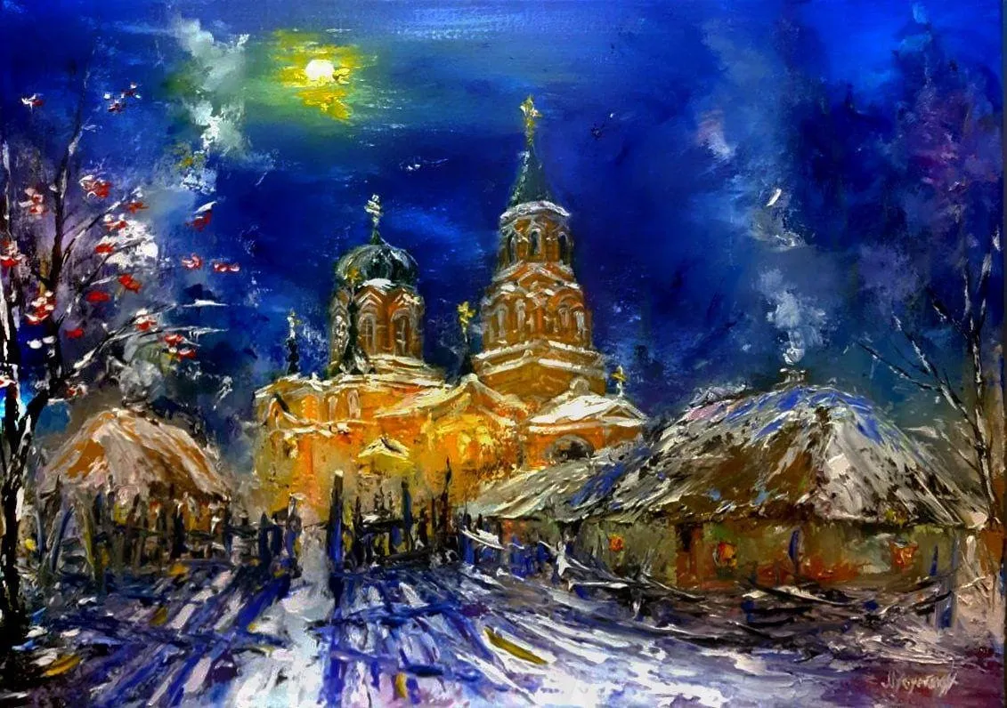 Old Village Church — original impressionist oil painting by Volodymyr Myriyevskyy, 28''x20'' (50x70cm)