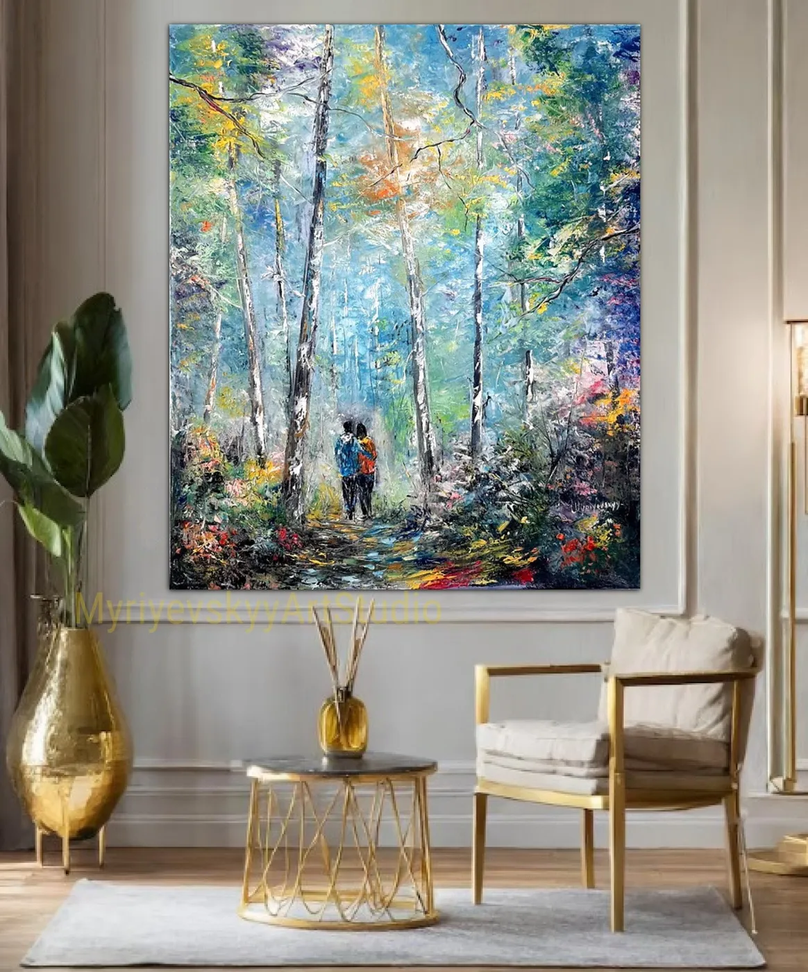 Romantic stroll — original impressionist oil painting by Volodymyr Myriyevskyy, 24'' x 20'' (60 x 50 cm) — photo 2