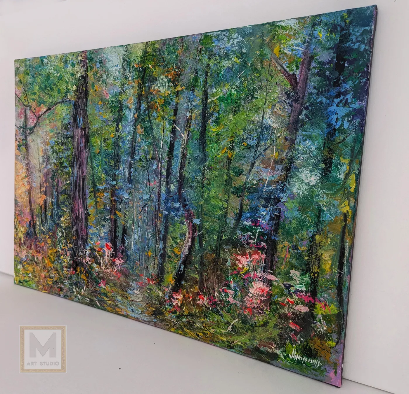 Forest Serenity — original impressionist oil painting by Volodymyr Myriyevskyy, 28'' x 20'' (70 x 50 cm), horizontal orientation — photo 4
