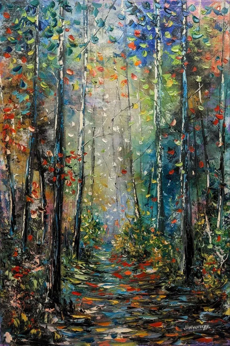 Path in the woods — original impressionist oil painting by Volodymyr Myriyevskyy, 16'' x 24'' (40 cm x 60 cm)