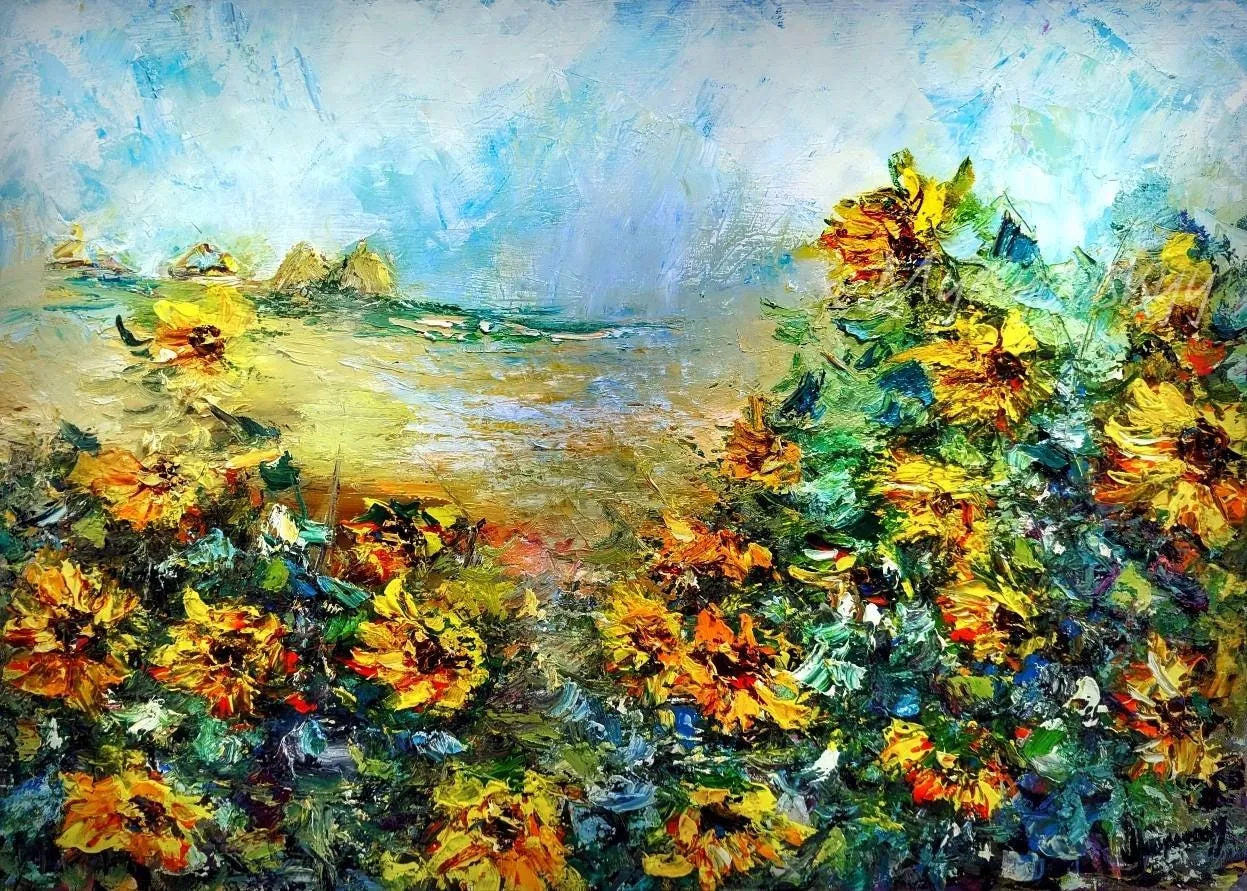 Sunflowers in the wind — original impressionist oil painting by Volodymyr Myriyevskyy, 28''x20'' (50x70 cm)