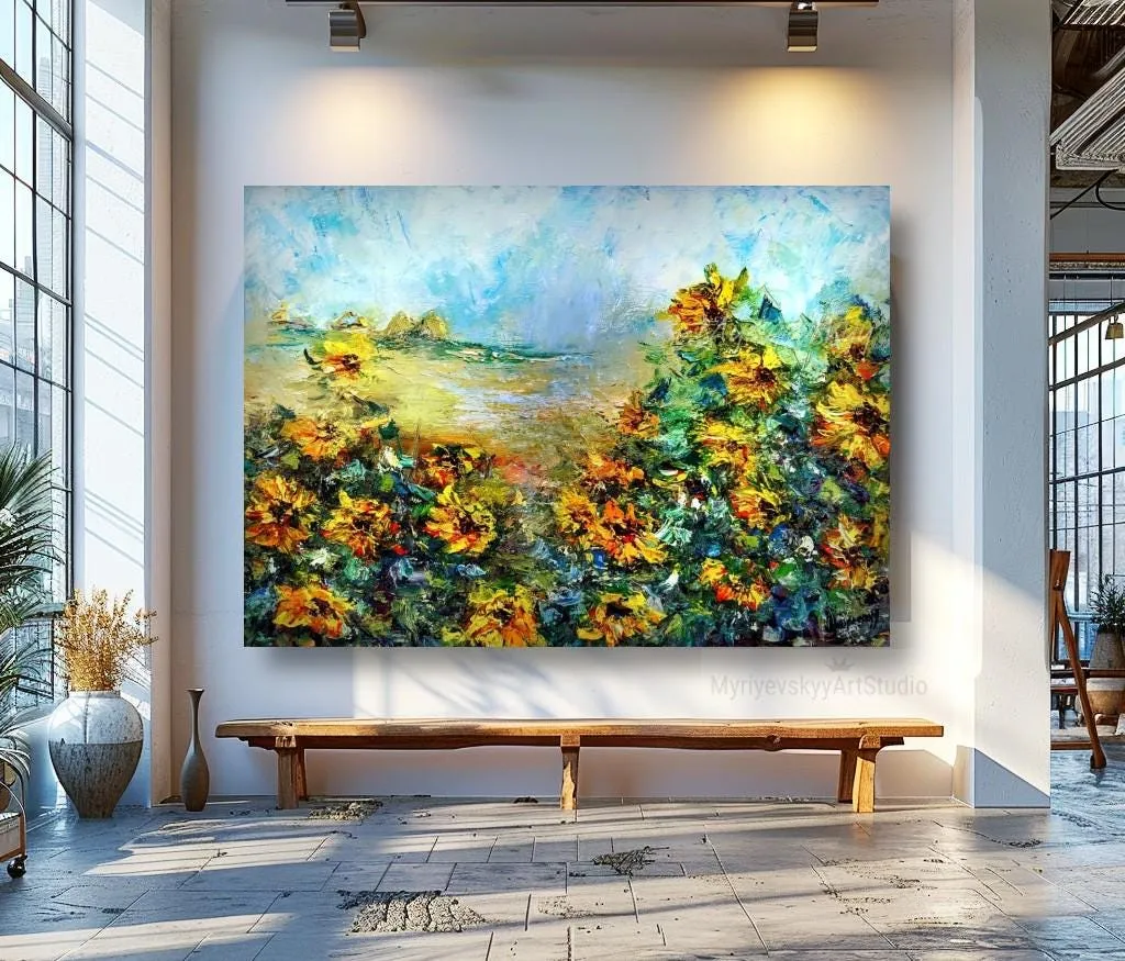 Sunflowers in the wind — original impressionist oil painting by Volodymyr Myriyevskyy, 28''x20'' (50x70 cm) — photo 2