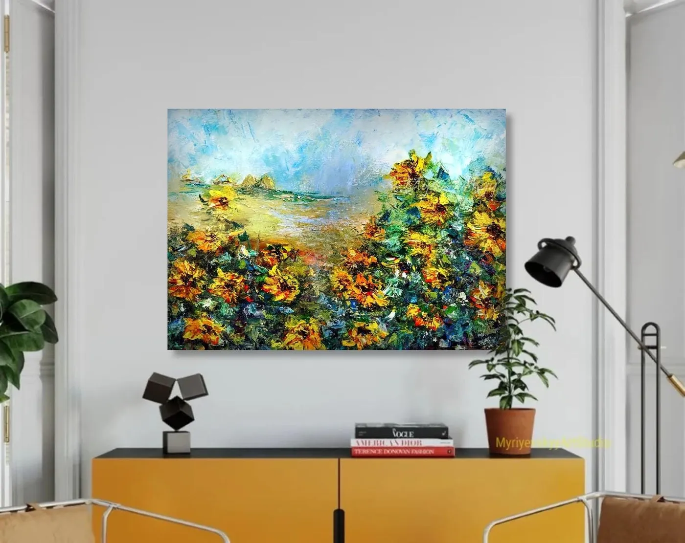 Sunflowers in the wind — original impressionist oil painting by Volodymyr Myriyevskyy, 28''x20'' (50x70 cm) — photo 3