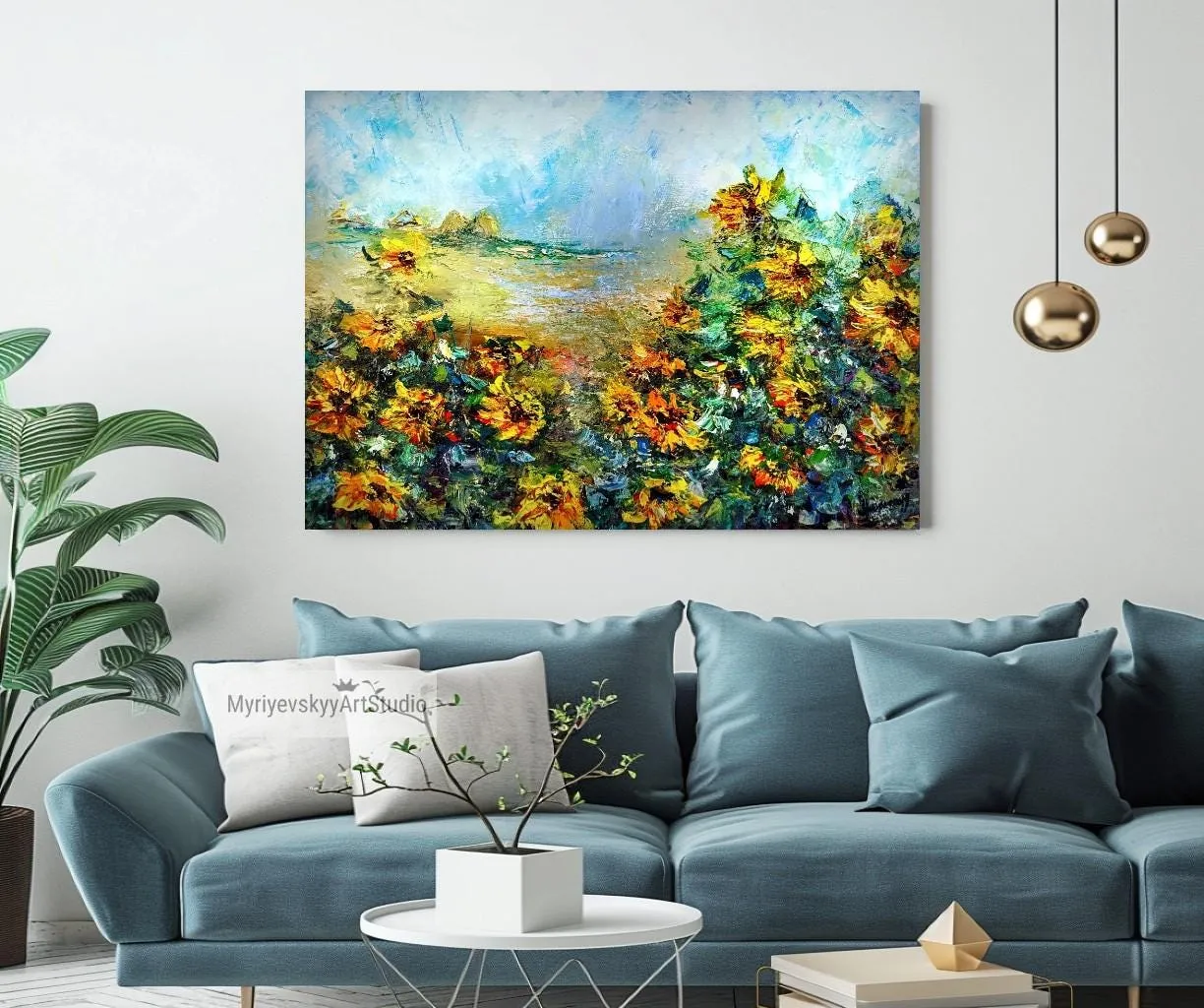 Sunflowers in the wind — original impressionist oil painting by Volodymyr Myriyevskyy, 28''x20'' (50x70 cm) — photo 4