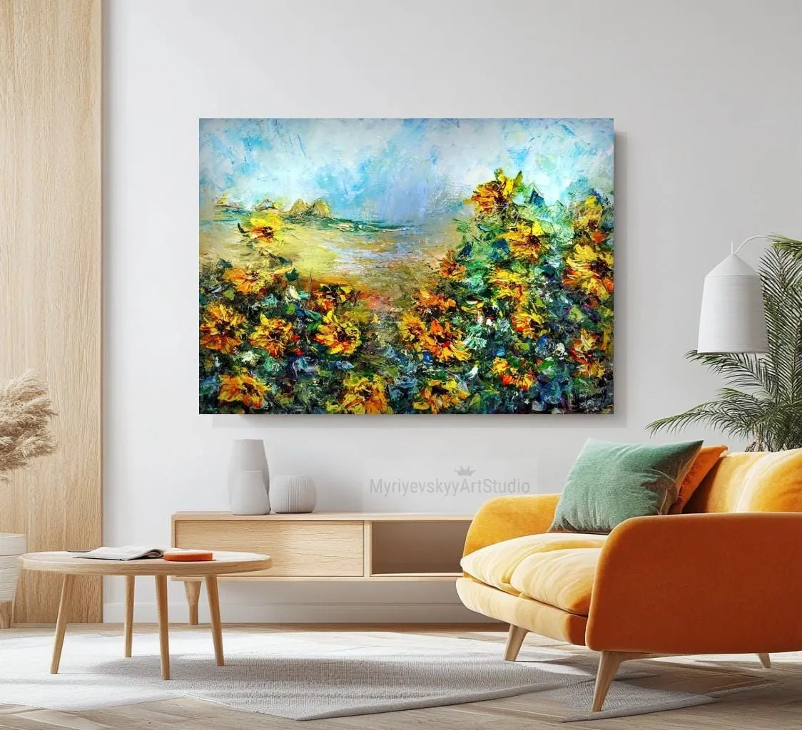 Sunflowers in the wind — original impressionist oil painting by Volodymyr Myriyevskyy, 28''x20'' (50x70 cm) — photo 5