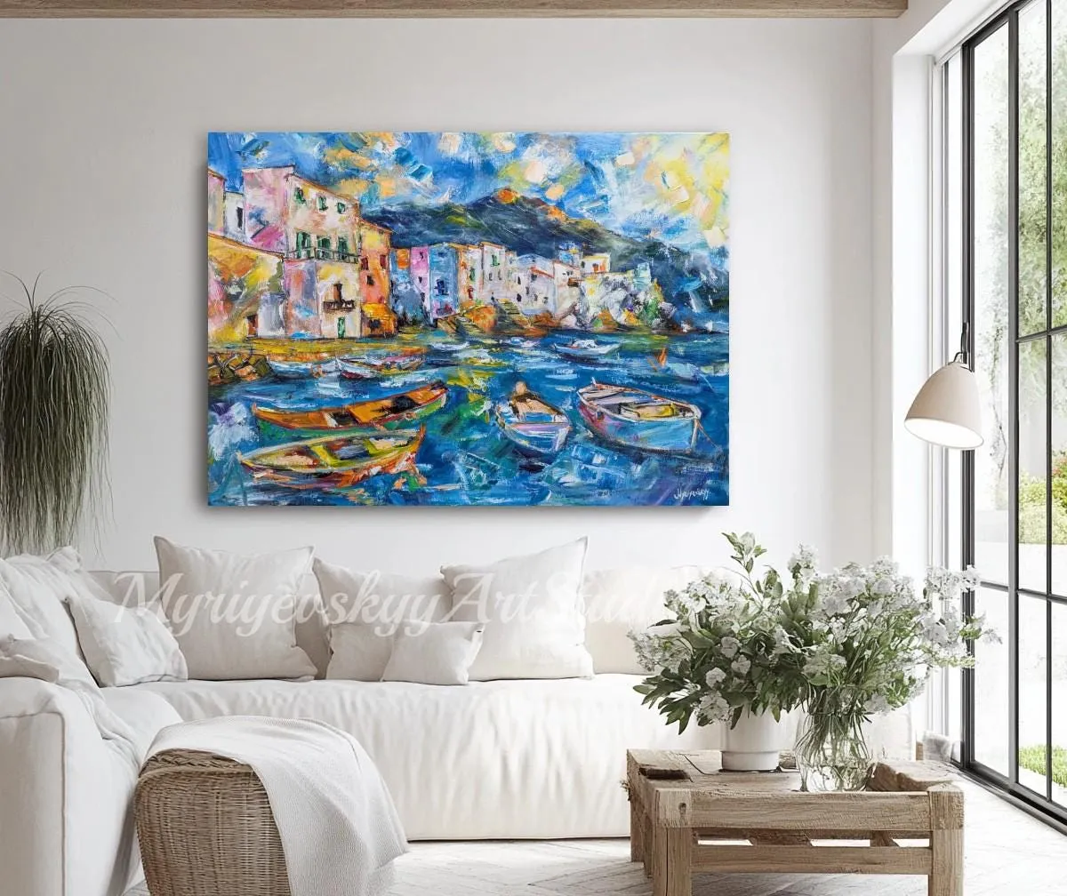 Fishing village — original impressionist oil painting by Volodymyr Myriyevskyy, 20'' x 27'' (50cm x 70cm) — photo 2