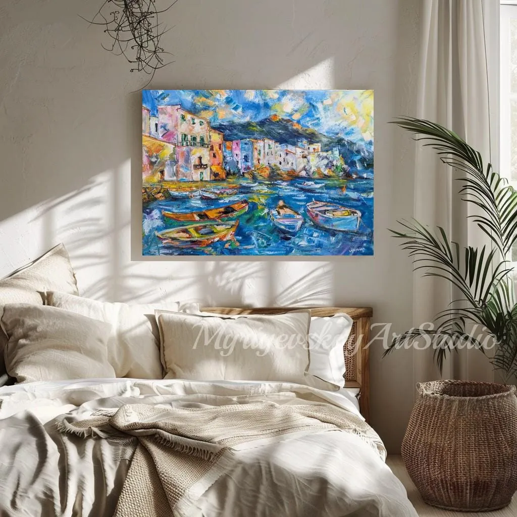 Fishing village — original impressionist oil painting by Volodymyr Myriyevskyy, 20'' x 27'' (50cm x 70cm) — photo 6