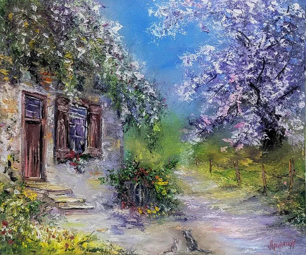 Cats in Garden Oil Painting — original impressionist oil painting by Volodymyr Myriyevskyy, 24'' x 20''' (60cm x 50cm — photo 2