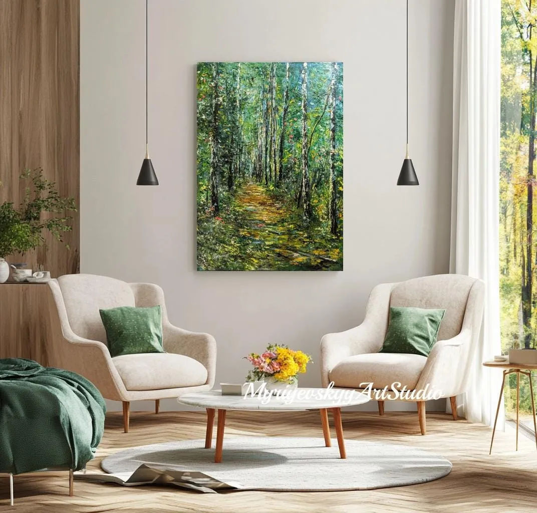 Birch Forest Path Green Light Original Oil Painting Large-Size Impressionist Canvas Wall Art Landscape — original impressionist oil painting by Volodymyr Myriyevskyy, 20''x 28'' ( 50cm x 70 cm — photo 3