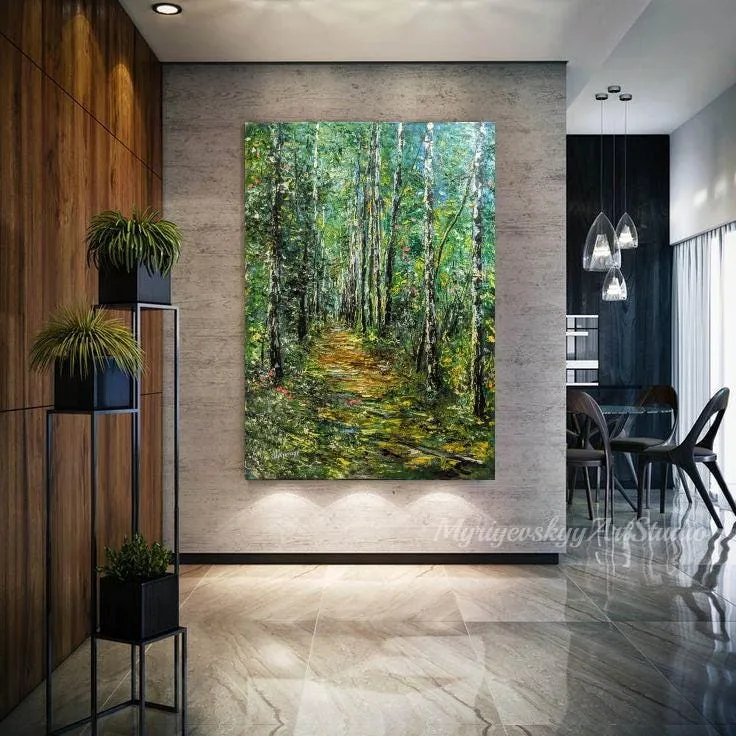 Birch Forest Path Green Light Original Oil Painting Large-Size Impressionist Canvas Wall Art Landscape — original impressionist oil painting by Volodymyr Myriyevskyy, 20''x 28'' ( 50cm x 70 cm — photo 4