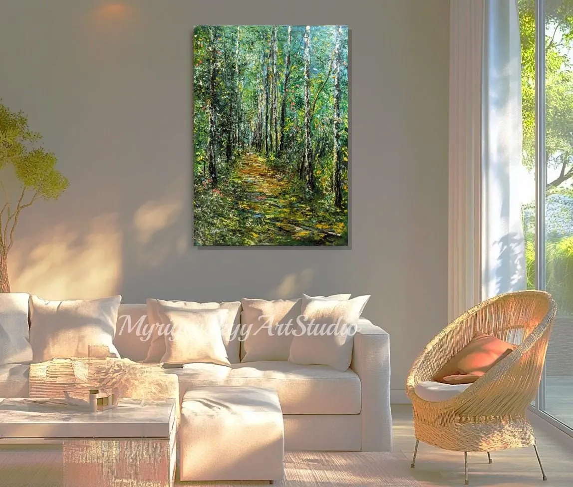 Birch Forest Path Green Light Original Oil Painting Large-Size Impressionist Canvas Wall Art Landscape — original impressionist oil painting by Volodymyr Myriyevskyy, 20''x 28'' ( 50cm x 70 cm — photo 5