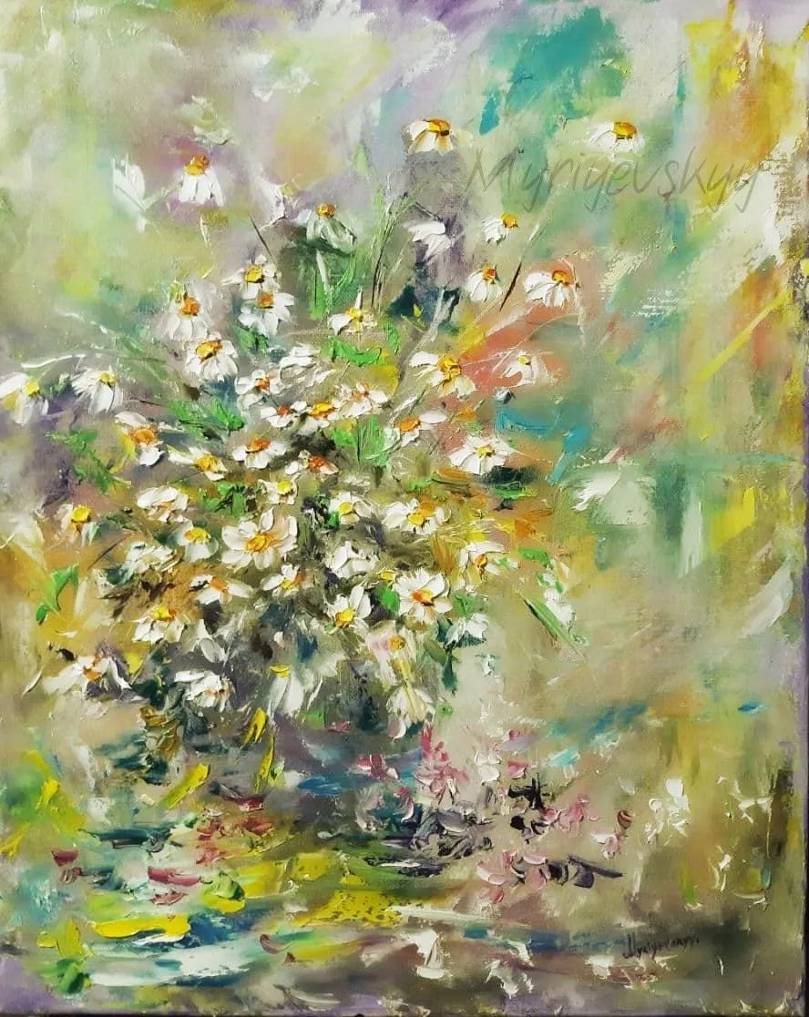 Daisies in bloom — original impressionist oil painting by Volodymyr Myriyevskyy, 16'' x 20'' (40x50 cm)