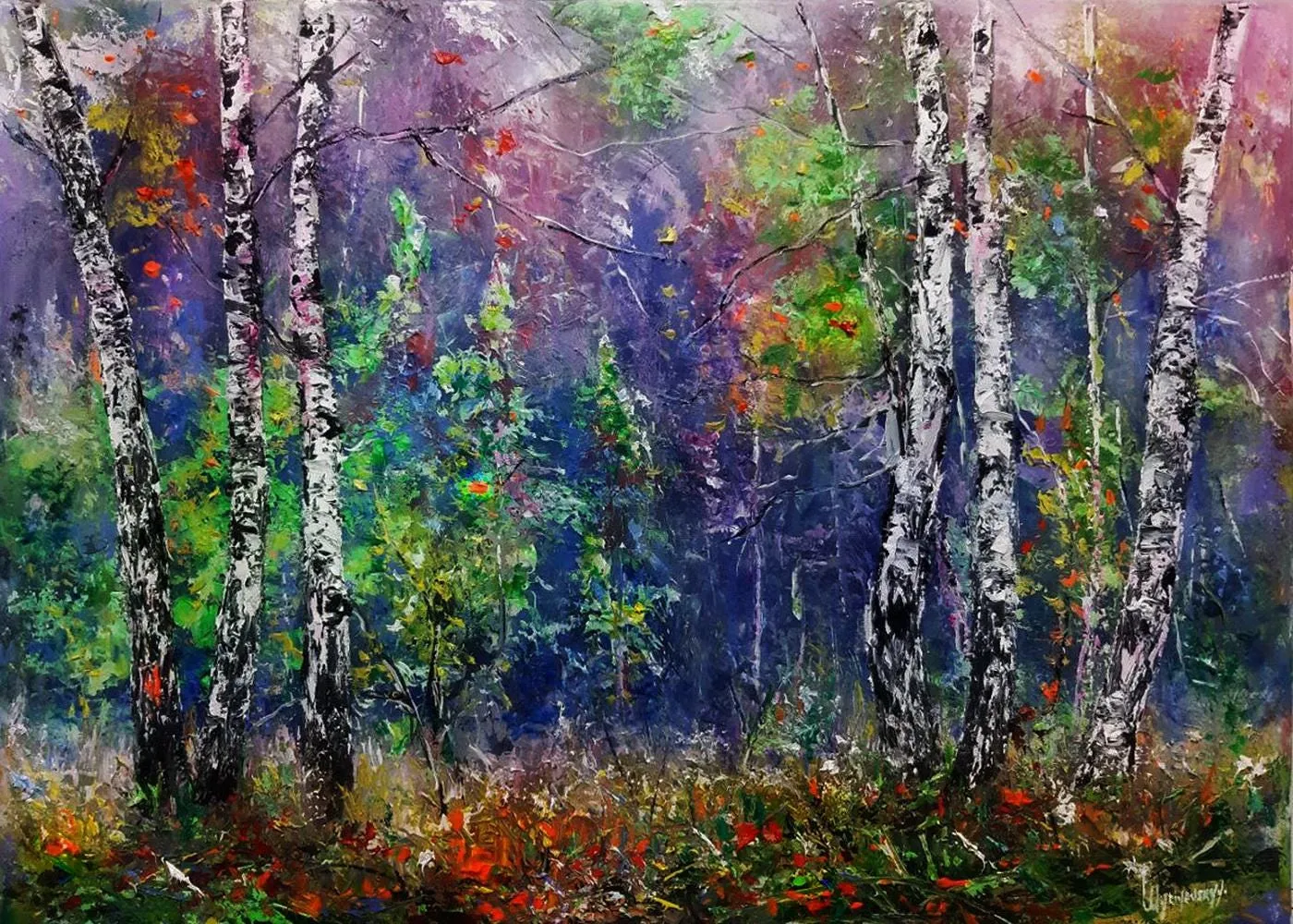 Magical Birch Forest — original impressionist oil painting by Volodymyr Myriyevskyy, 28''x20'' ( 70x50 cm)