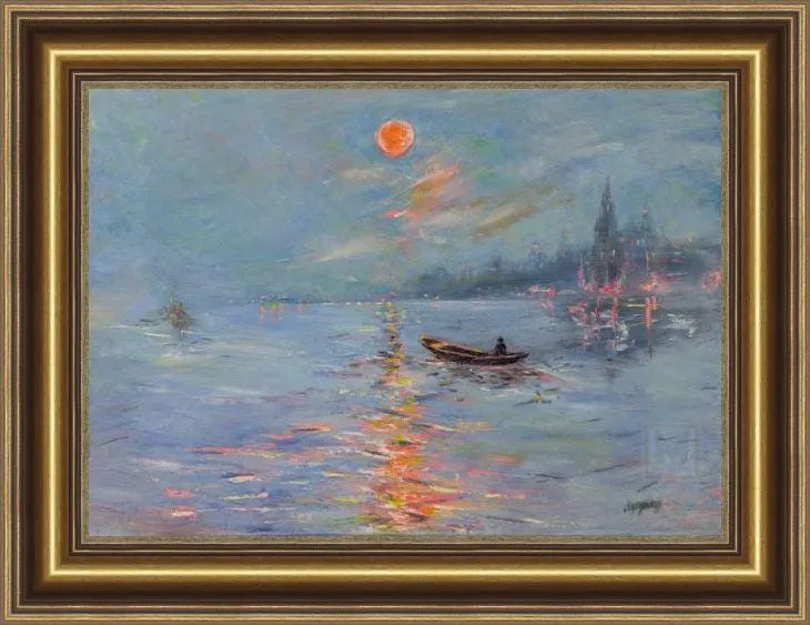 Evening on the Water — original impressionist oil painting by Volodymyr Myriyevskyy, 28'' x 20'' (70 x 50 cm), horizontal orientation — photo 2
