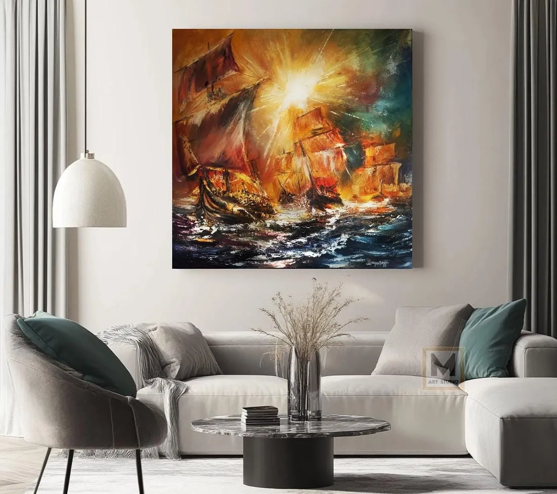 Sailboats at sunset — original impressionist oil painting by Volodymyr Myriyevskyy, 24'' x 24'' (60cm x 60cm) — photo 2
