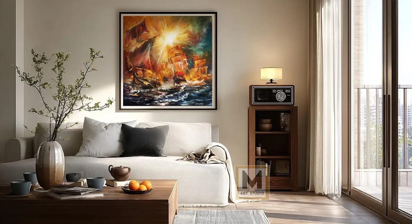 Sailboats at sunset — original impressionist oil painting by Volodymyr Myriyevskyy, 24'' x 24'' (60cm x 60cm) — photo 6