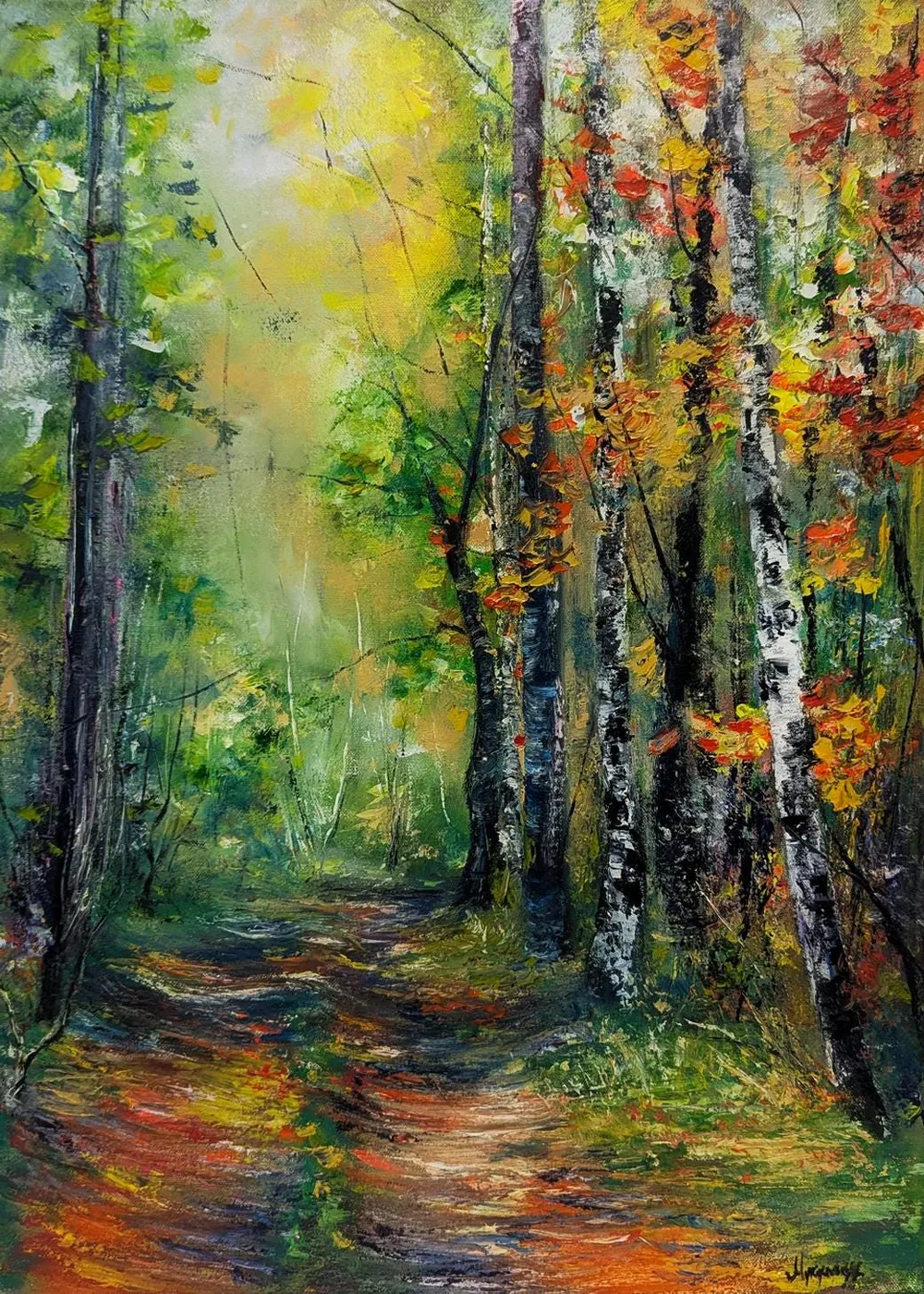 Road in birch forest — original impressionist oil painting by Volodymyr Myriyevskyy, 20'' x 28'' (50x70cm)