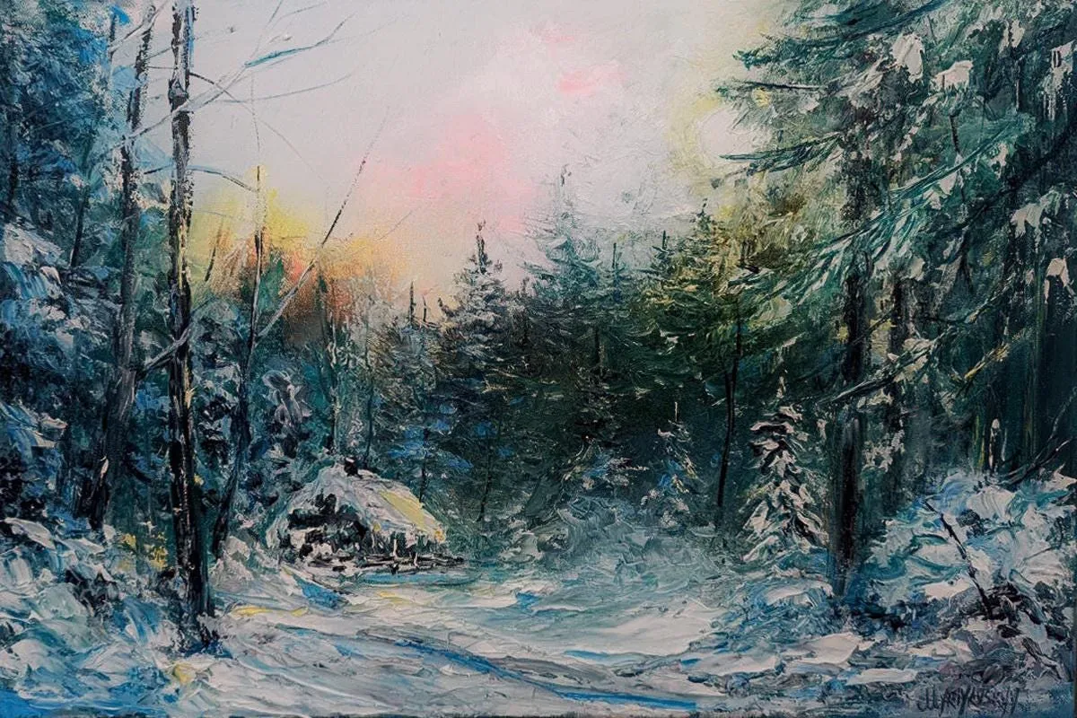 Winter Evening in the Forest — original impressionist oil painting by Volodymyr Myriyevskyy, 24" х 16" ( 60x40cm)