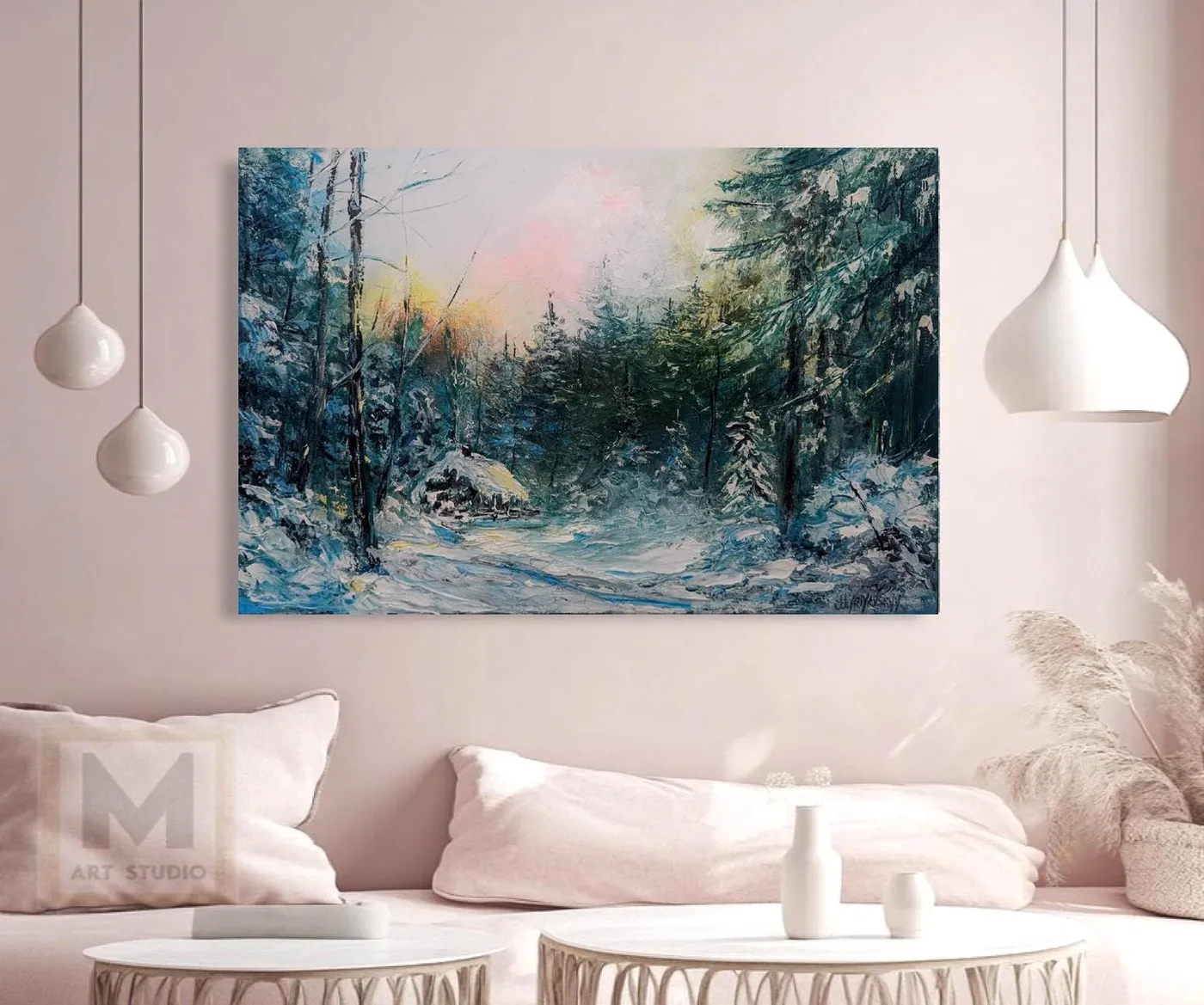 Winter Evening in the Forest — original impressionist oil painting by Volodymyr Myriyevskyy, 24" х 16" ( 60x40cm) — photo 2