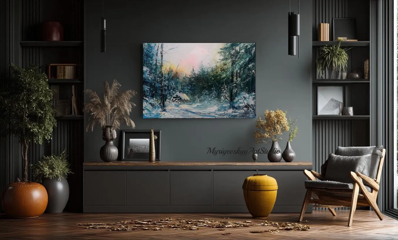 Winter Evening in the Forest — original impressionist oil painting by Volodymyr Myriyevskyy, 24" х 16" ( 60x40cm) — photo 3