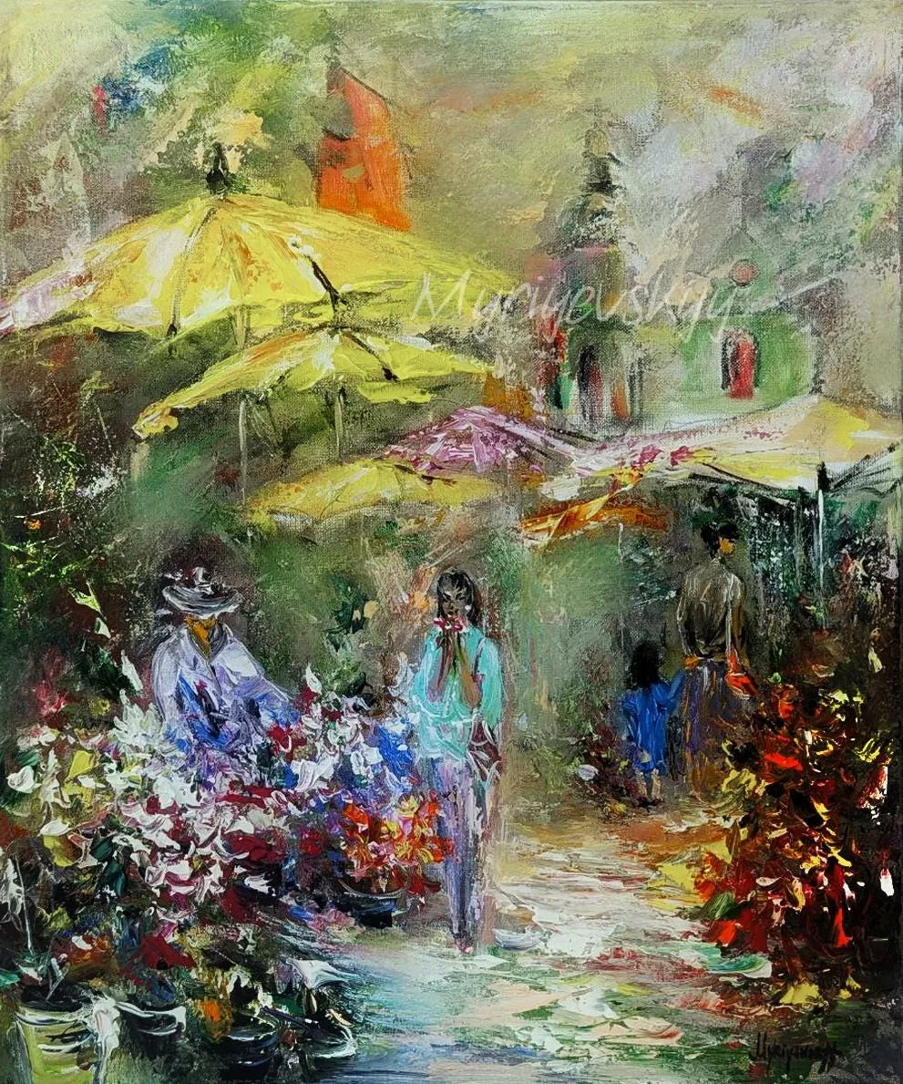Barcelona Flower Market — original impressionist oil painting by Volodymyr Myriyevskyy, 20'' x 24'' ( 50cm x 60cm )
