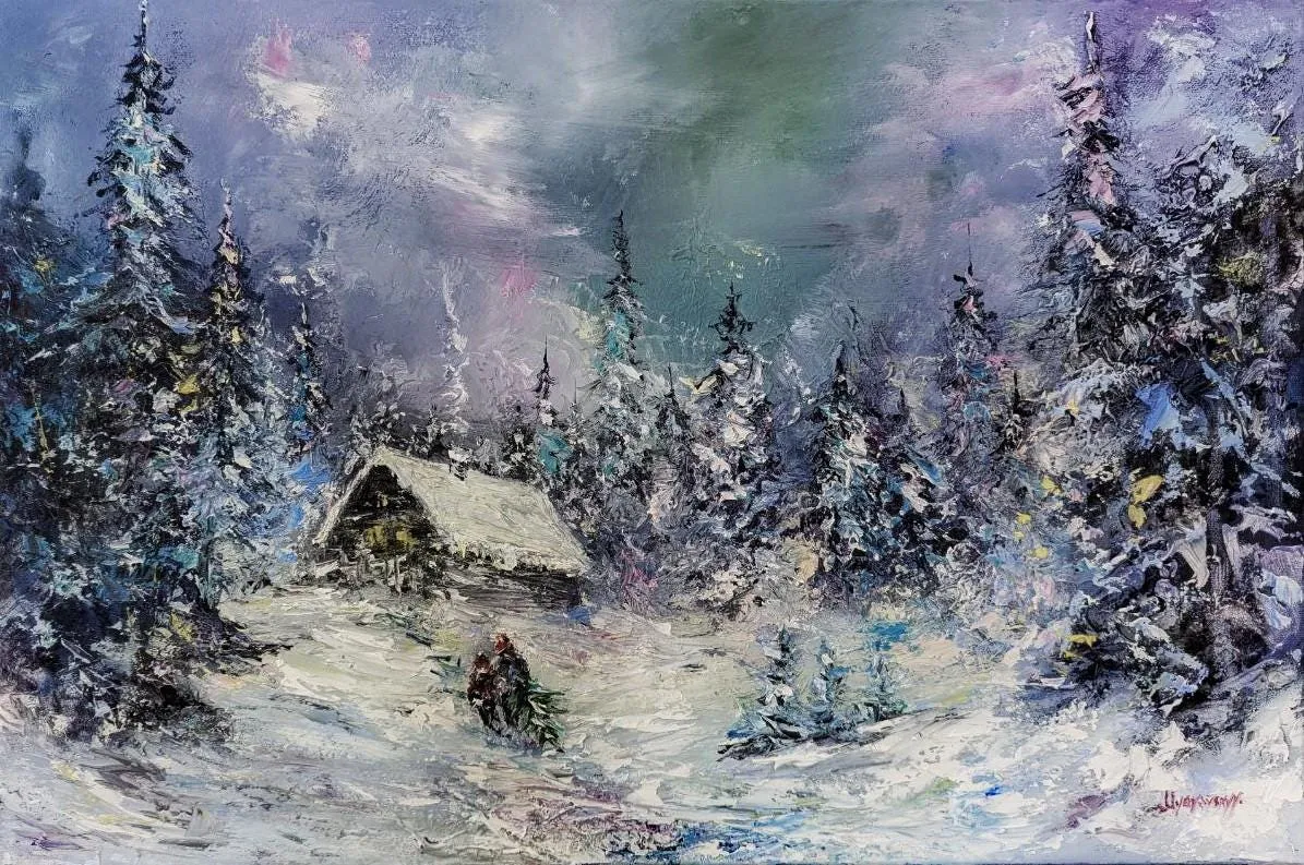 Magic winter evening — original impressionist oil painting by Volodymyr Myriyevskyy, 24'' x 16'' (40x60 cm)