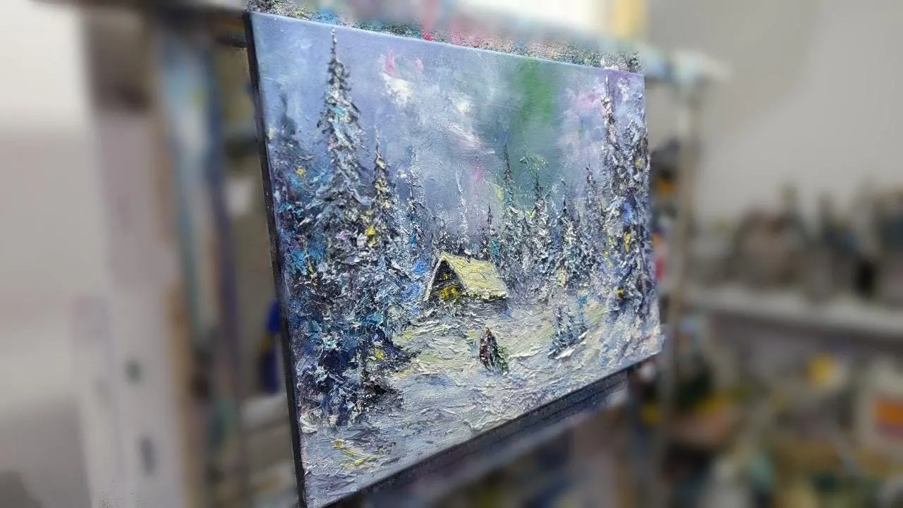 Magic winter evening — original impressionist oil painting by Volodymyr Myriyevskyy, 24'' x 16'' (40x60 cm) — photo 3