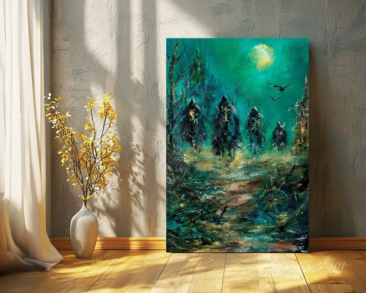 Dark Fantasy Riders Painting, Four Horsemen Apocalypse WallArt, Mysterious Medieval, Gothic Impressionist Artwork — original impressionist oil painting by Volodymyr Myriyevskyy, 16'' x 24'' (40 x 60cm) — photo 2