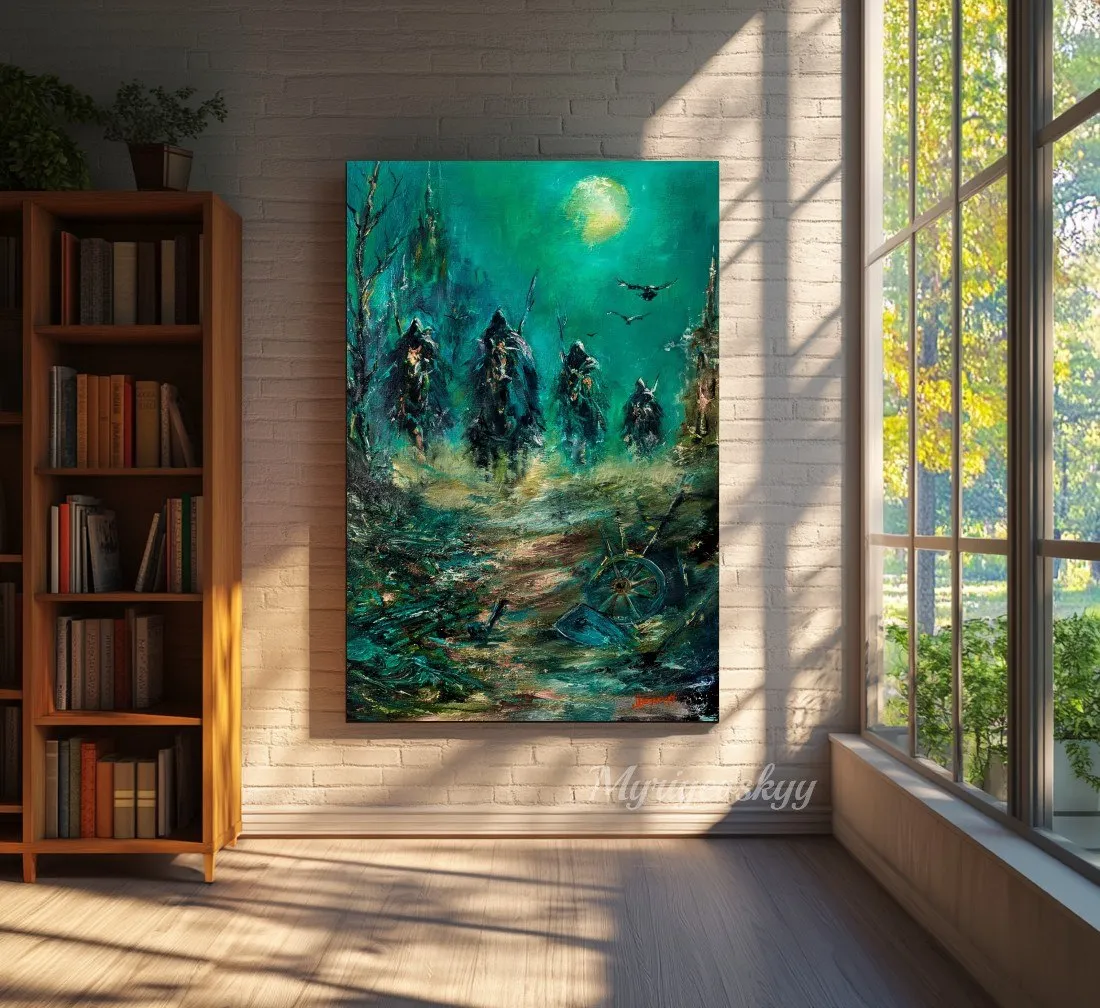 Dark Fantasy Riders Painting, Four Horsemen Apocalypse WallArt, Mysterious Medieval, Gothic Impressionist Artwork — original impressionist oil painting by Volodymyr Myriyevskyy, 16'' x 24'' (40 x 60cm) — photo 3