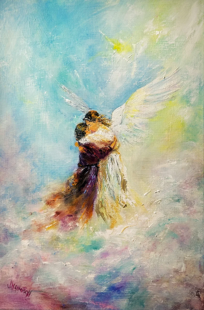 In the Arms of an Angel — original impressionist oil painting by Volodymyr Myriyevskyy, 40 × 60 cm (16″ × 24″)