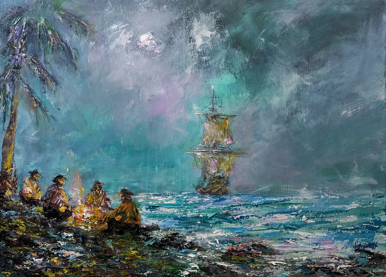 Chronicles of Pirate Adventures — original impressionist oil painting by Volodymyr Myriyevskyy, 70 × 50 cm (28″ × 20″)