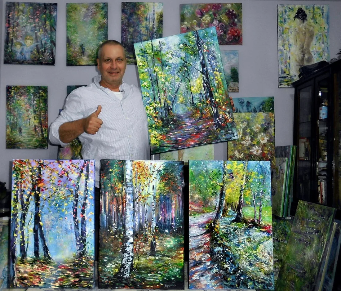 Finished oil paintings in the artist's studio in Spain, ready to be packed for international shipping