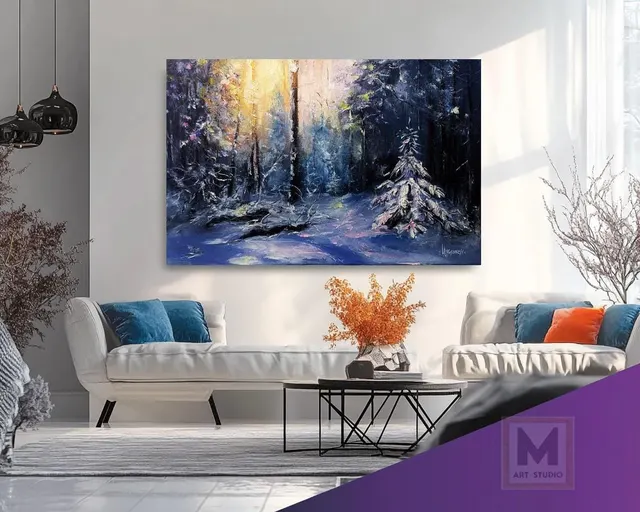 Winter Forest, Snow-Covered Fir — original impressionist oil painting by Volodymyr Myriyevskyy, 60 × 40 cm (24″ × 16″)