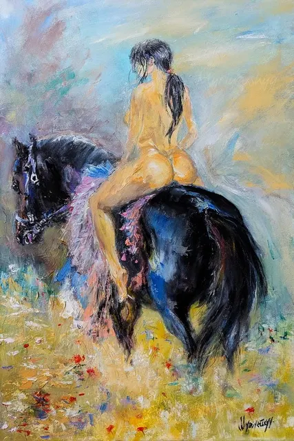 Nude Woman on Horseback — original impressionist oil painting by Volodymyr Myriyevskyy, 40 × 60 cm (16″ × 24″)