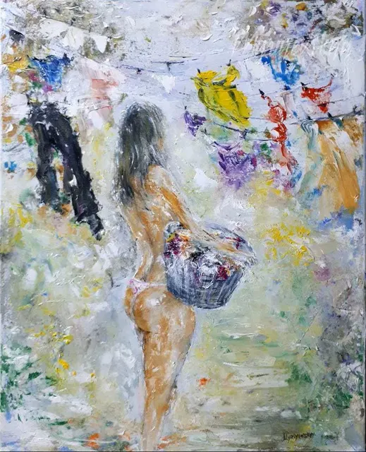 Woman hanging laundry — original impressionist oil painting by Volodymyr Myriyevskyy, 40 × 50 cm (16″ × 20″)